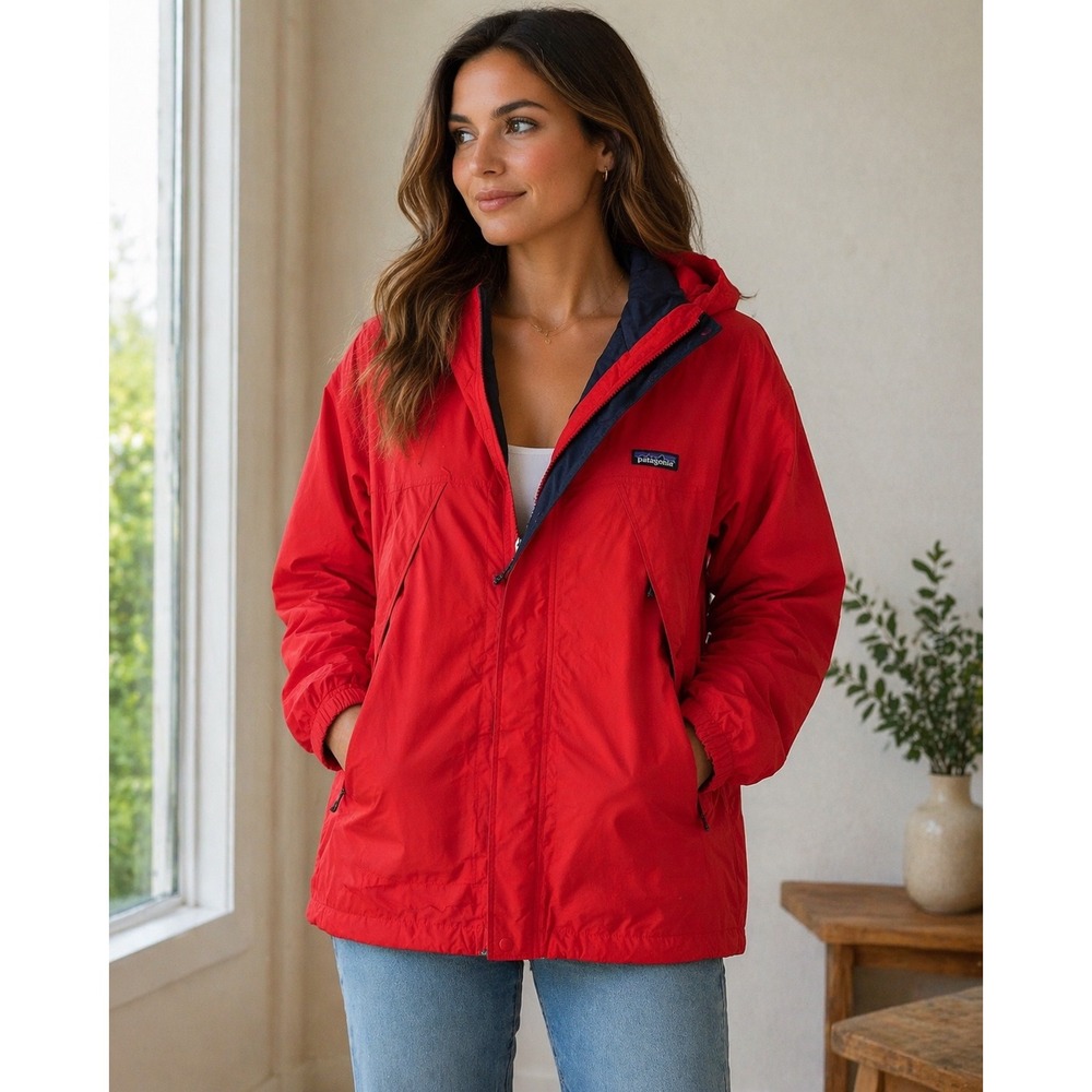 Vintage Patagonia Red Hooded Rain Jacket Mens Medium Full Zip Mesh Lined Coat